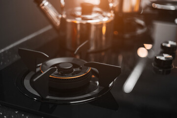 Stove in modern kitchen clean new glass top luxury elegant design for cooking black color tone.