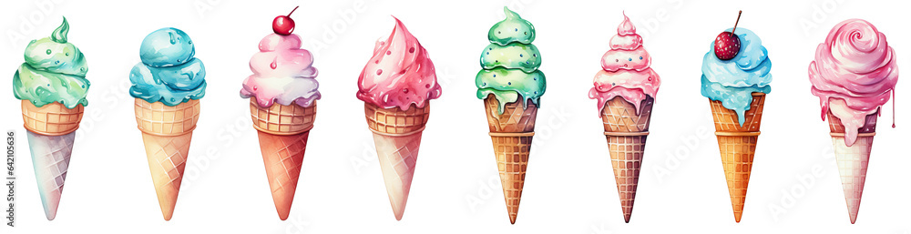 Watercolor illustration of ice cream collection on white background ...