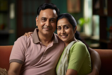 Portrait of Indian happy couple embracing each other at home on sofa or dining table