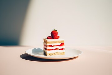 Single slice of strawberry shortcake on a white plate. Generative AI