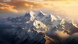 majestic snowy mountain peak towering above the clouds, its pristine white slopes contrasting against the deep blue sky Generative AI