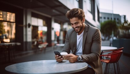 Handsome young businessman using mobile phone while sitting in cafe outdoors