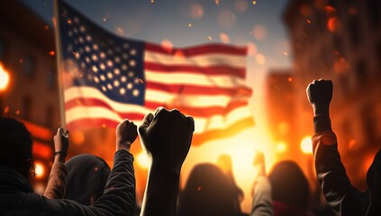 Silhouettes of people raised their hands against the background of the American flag