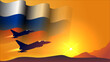 © Vanz Studio - fighter jet plane with russia waving flag background design with sunset view suitable for national russia air forces day event