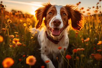 The Brittany dog happily wagged its tail as it ran through a field