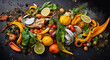 supermarket food waste, fruits, vegetables, top view