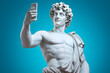 Ancient Greek God sculpture, making selfie on pastel background