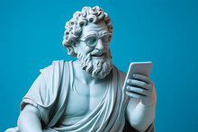 Ancient Greek God Statue With Curly Hair, Smiling, Reading Text Message On Modern Smartphone, On Pastel Blue Background