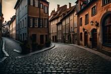 Cobblestone Street In A Charming Old Town With Historic Buildings - AI Generative