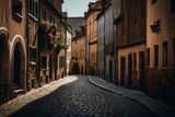 Fototapeta Uliczki - Cobblestone street in a charming old town with historic buildings - AI Generative
