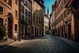 Fototapeta Uliczki - Cobblestone street in a charming old town with historic buildings - AI Generative