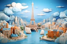 Multi-Dimensional Paper Quilling Of Paris City With Auspicious Clouds, Pastel Tones, Ravine Stream, Boat, Pine Trees, Mountain Range, Ancient Buildings, On Blue Background, Generative AI