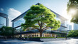 Eco - friendly building in the modern city. Sustainable glass office building with tree for reducing carbon dioxide. Office building with green environment. Corporate building reduce CO2
