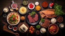 Food Photograph Showing A Knolling, Flatlay Of Typical German Dishes ( Salami, Cheese, Bread, Vegetables ), High Quality, 16:9