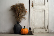 Black Broom And Pumpkin In Front Of White Shabby Chic Wooden Door, Ai Generated