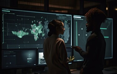 Wall Mural - A diverse team of professionals working in a high-tech computer and data control center, focusing on cybersecurity and communication.