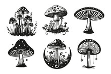 Magic Mushroom And Moon Fairy Silhouette Set. Mushrooms With Stars Celestial Vector Collection Art