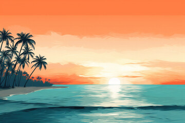 Wall Mural - Abstract, minimal, sandy beach, Beach vibe, party, cocktail, blue water ocean, horizon sunset, palm tree, hawai, orange teal tones