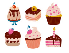 Cute Cartoon Simple Vector Birthday Cake Cupcake Vector Set. Happy Holiday Cream Cake With Candles