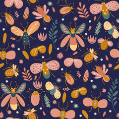 Wall Mural - cute doodle bugs and moth vector illustration cartoon kids summer insect seamless pattern art