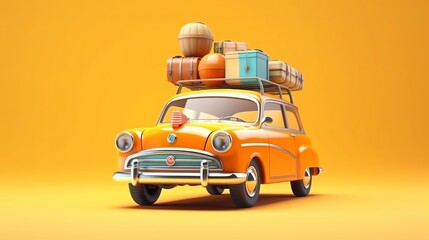 Retro car with surfboard, suitcases and palms, Summer vacation concept, generative ai