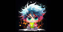 Simple Neon Art Angry Chibi Girl With Messy Hair Holding