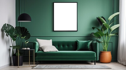 Picture fame mockup  in the interior of a modern living room on a green wall with a sofa and a plant in a vase, transparent wall art mock-up.