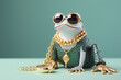 Modern Feng Shui fortune frog with glasses, golden chain and necklace on pastel background. Creative animal concept