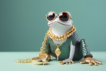 Modern Feng Shui Fortune Frog With Glasses, Golden Chain And Necklace On Pastel Background. Creative Animal Concept
