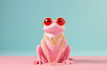 Modern Feng Shui Fortune Frog With Glasses And Golden Chain On Pastel Background. Creative Animal Concept