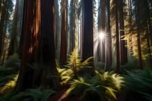 Magnificent And Towering Redwood Forest, With Sunlight Streaming Through The Dense Canopy - AI Generative