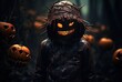 Person with pumpkin, mask, in costume to celebrate a scary and horror halloween. Dark, black and orange colors for this Jack-o-Lantern, seasonal Holiday.
