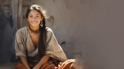 Wall Mural - American Navajo villager girl in traditional costume cloth, Smiling woman, gender equality