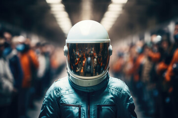 Wall Mural - Astronaut wearing space suit at crowded street in rush hour. Lonely space man among people in city with motion blur effect
