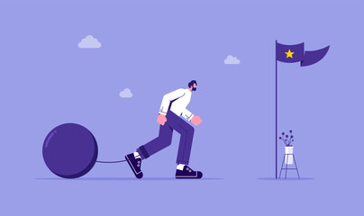 Keep moving forward despite many obstacles and problems. the struggle of a businessman, illustration of an entrepreneur trying or struggling to reach the flag of success