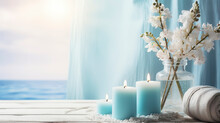 Spa Salon Light Blue Composition In Wellness Center. Spa Still Life Background With Aromatic Candle, Orchid Flower And Towel. Beauty Spa Treatment And Relax. Relaxing Background.