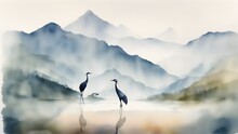 Double Exposure Of A Bird And A Mountain, Natural Scenery. Watercolor. Watercolor Postcard Of Mountains And Cranes.