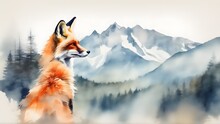 Double Exposure Of A Fox And A Mountain, Natural Scenery. Watercolor. Watercolor Postcard Of Mountains And The Fox.