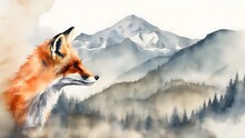 Double Exposure Of A Fox And A Mountain, Natural Scenery. Watercolor. Watercolor Postcard Of Mountains And The Fox.