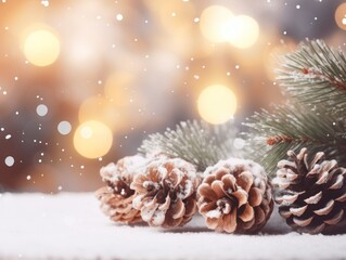  Christmas background with cones, light pine cone and branches winter background