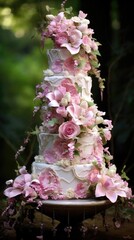 Wall Mural - Beautiful multi-tiered wedding cake masterpiece with floral motifs. Genrative AI