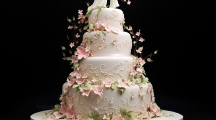 Wall Mural - Beautiful multi-tiered wedding cake masterpiece with floral motifs. Genrative AI