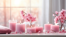 Beautiful Spa Salon Pink Composition In Wellness Center. Spa Still Life With Aromatic Candles, Sakura Flowers, Sea ​​salt And Towel. Beauty Spa Treatment And Relax. Relaxing Pink Background.
