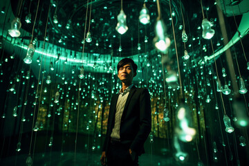 Front view of handsome young man wearing stylish black suit and tie looking confidently at camera while standing near light dome entrance. Professional guard posing at