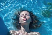 High Angle View Of Woman Relaxing In The Swimming Pool Under Clear Blue Water With Closed Eyes. Female Face Out Of Water, Summer Vacation Concept. 