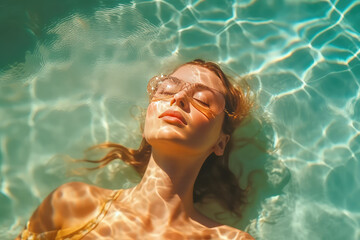 Wall Mural - High angle view of woman relaxing in the swimming pool under clear blue water with closed eyes. Female face out of water, summer vacation concept. 