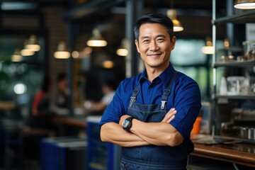 Technician, Asian male auto mechanic crossed arms in modern auto repair shop, garage.