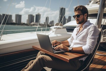 a businessman working on a laptop on the yacht.