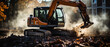 A digger tearing down an old brick building.