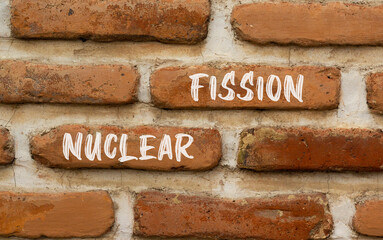 Wall Mural - Nuclear fission symbol. Concept words Nuclear fission on beautiful brick wall. Beautiful red brown brick wall background. Business science nuclear fission concept. Copy space.